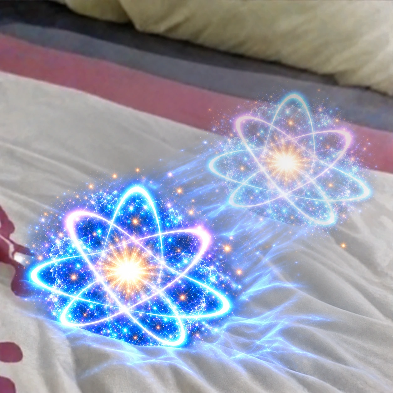 A blue quantum cluster on a bed with its translucent double floating from left to right